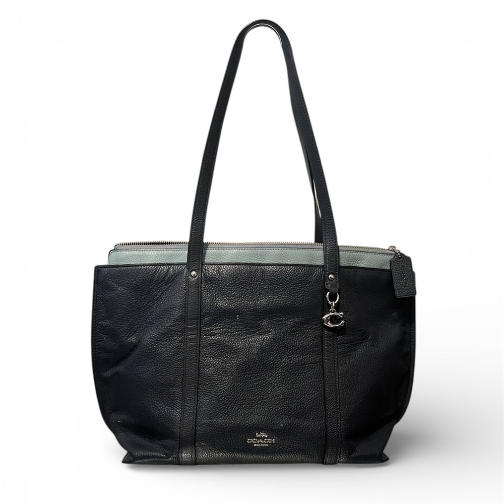 Coach May Navy Blue Pebbled Leather Tote Shoulder Bag Two Tone Light Blue
Trim